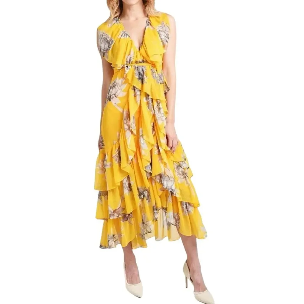 MISA Los Angeles Ilune Yellow Romantic Ruffle Floral Wrap Midi Dress - Sz Small - Picture 1 of 6